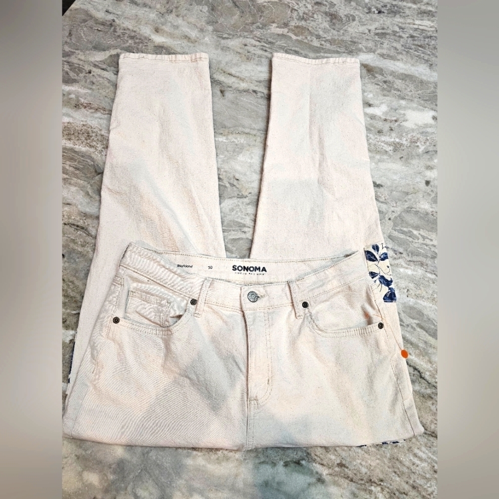 Sonoma Boyfriend Jeans Size 10 Cream with Floral Patchwork Pockets